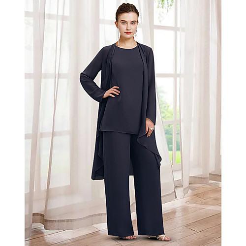 

Two Piece Pantsuit / Jumpsuit Mother of the Bride Dress Elegant Jewel Neck Floor Length Chiffon Long Sleeve with Ruching 2021