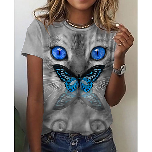 

Women's Butterfly 3D Cat Painting T shirt Cat Butterfly 3D Print Round Neck Basic Tops Blue Yellow