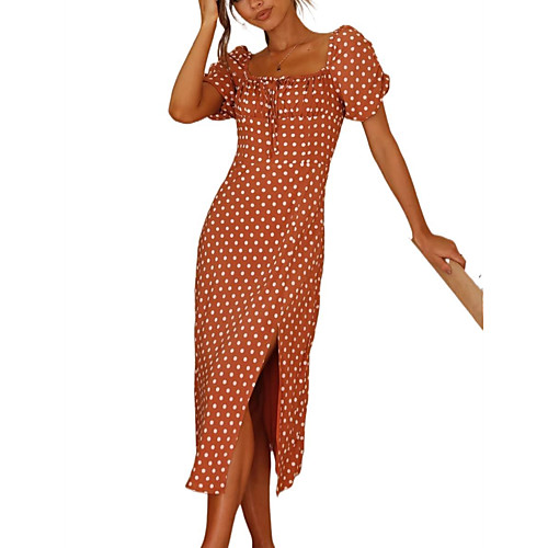

Women's Swing Dress Maxi long Dress Orange Short Sleeve Dot Spring Summer Casual 2021 S M L XL