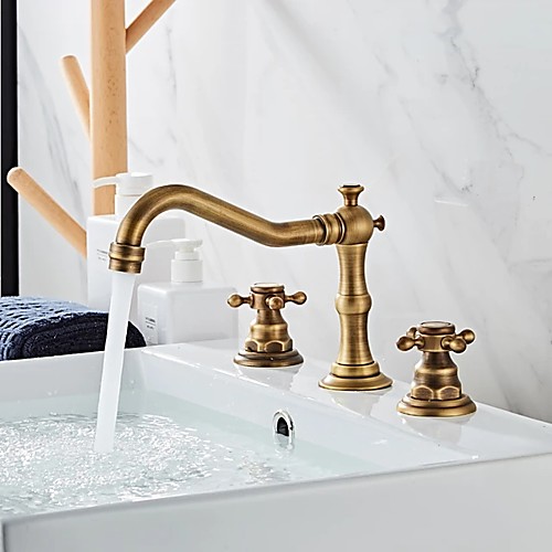 

BrassBathroomFaucet,Brushed Finish Antique Copper Two Handles Three Holes Widespread Bathroom SinkFaucet Contain with Cold and Hot Switch