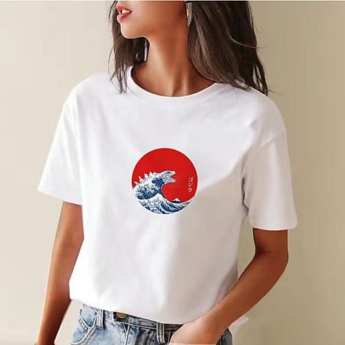 

Women's Painting T shirt Ukiyoe Print Round Neck Basic Tops Cotton Blue Red Blushing Pink