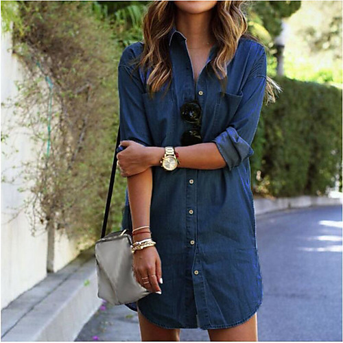

Women's Denim Dress Knee Length Dress Blue Navy Blue Long Sleeve Solid Color Spring Summer Casual / Daily 2021 S M L XL 2XL 3XL 4XL 5XL