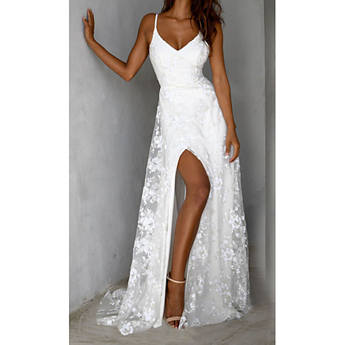 

Women's Sheath Dress Maxi long Dress White Sleeveless Solid Color Backless Split Lace Spring Summer V Neck Elegant Sexy Party 2021 S M L XL