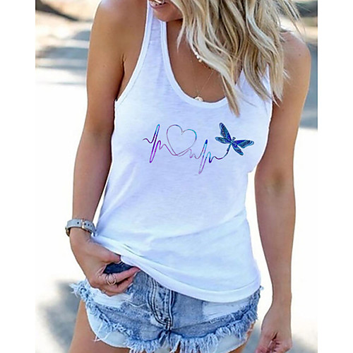 

Women's Beach Tank Top Vest T shirt Heart Animal Print U Neck Basic Streetwear Tops White Black Gray