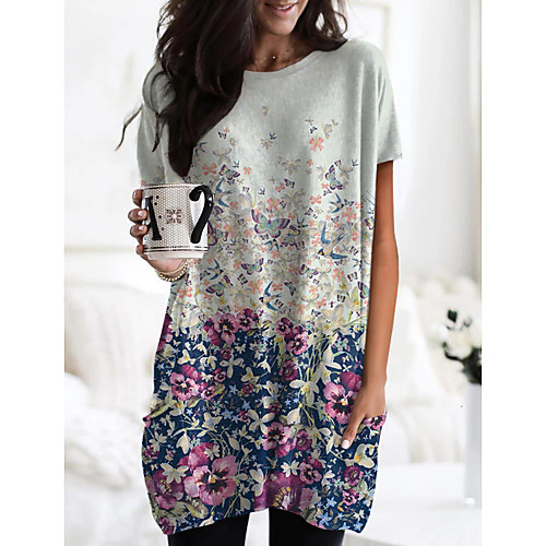 

Women's Floral Theme Painting T shirt Dress Floral Graphic Pocket Print Round Neck Basic Tops Blue