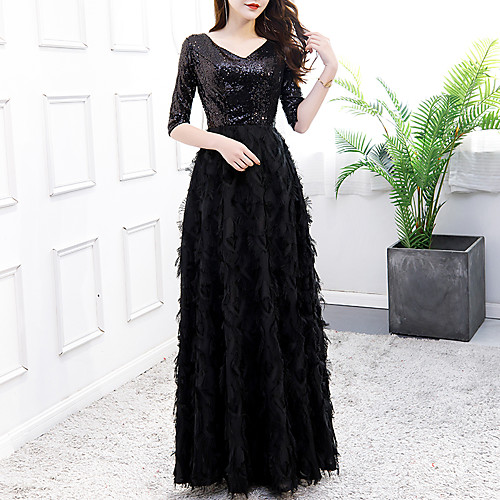 

A-Line Minimalist Vintage Prom Formal Evening Dress V Neck Half Sleeve Floor Length Lace Sequined with Sequin 2021