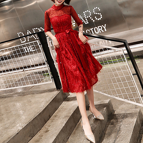 

A-Line Minimalist Elegant Party Wear Cocktail Party Dress High Neck Half Sleeve Knee Length Tulle with Sash / Ribbon Bow(s) 2021