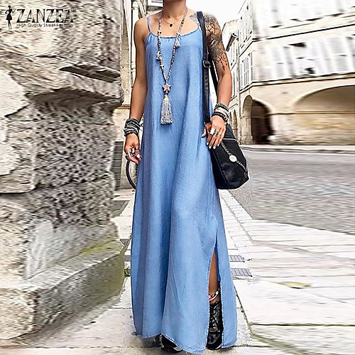 

Women's Denim Dress Maxi long Dress Light Blue Dark Blue Sleeveless Solid Color Spring Summer Casual 2021 S M L XL XXL XXXL 4XL 5XL