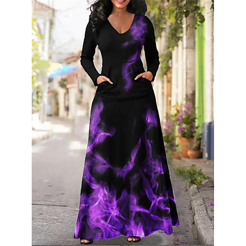 

Women's Sheath Dress Maxi long Dress Purple Long Sleeve Print Butterfly Pocket Summer V Neck Casual 2021 S M L XL XXL 3XL 4XL 5XL
