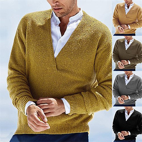 

Men's Stylish Vintage Style Basic Oversized Knitted Solid Color Pullover Sweater Long Sleeve Plus Size Sweater Cardigans V Neck Shirt Collar Fall Winter Blue Yellow Black