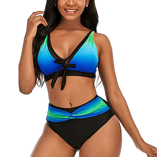 

Women's Bikini 2 Piece Swimsuit High Waist Blue Blushing Pink Green Plus Size Swimwear Bathing Suits New Fashion Sexy / Padded Bras / Beach
