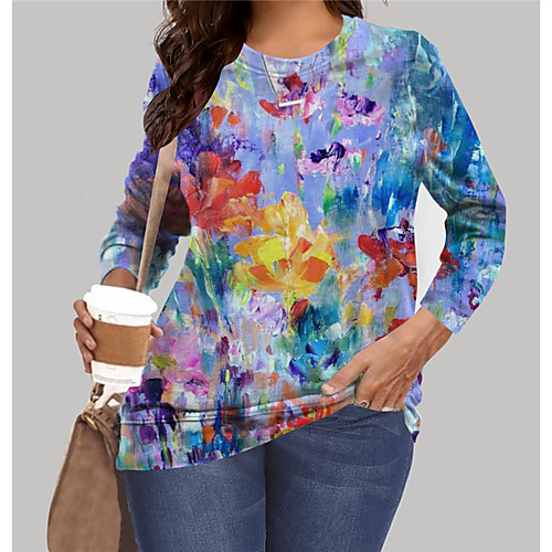 

Women's Plus Size Tops Sweatshirt Floral Graphic Print Long Sleeve Crewneck Basic Blue Big Size XL XXL 3XL 4XL 5XL