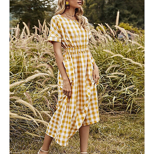 

Women's Swing Dress Maxi long Dress Yellow Short Sleeve Plaid / Check Spring Summer Casual 2021 S M L XL