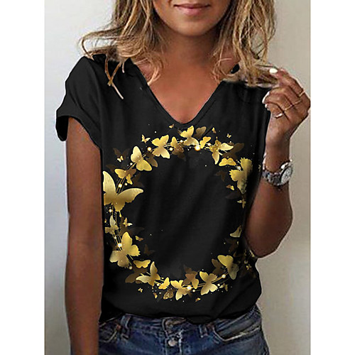 

Women's Butterfly T shirt Butterfly V Neck Basic Tops Black