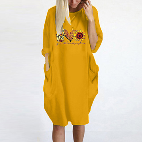 

Women's T Shirt Dress Tee Dress Knee Length Dress Blue Yellow Fuchsia Gray Green White Black Long Sleeve Floral Print Spring Summer Round Neck Casual Oversized 2021 S M L XL XXL 3XL 4XL 5XL
