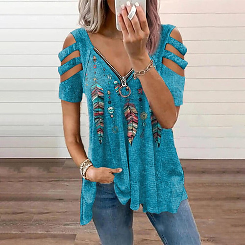 

Women's Floral Theme Blouse Shirt Graphic Cut Out Zipper Print V Neck Basic Streetwear Tops Blue Purple Black