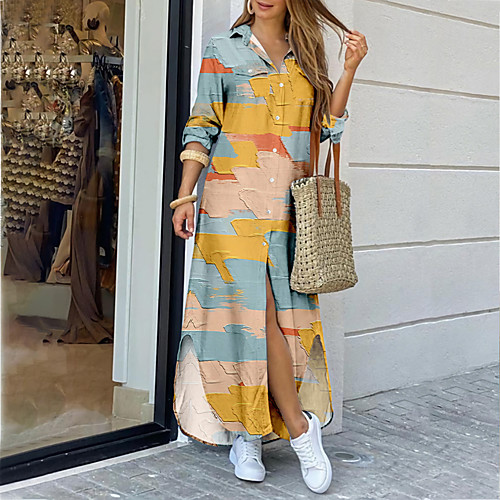

Women's Shirt Dress Maxi long Dress Blue Yellow Green Red Beige Long Sleeve Print Color Block Abstract Print Summer Shirt Collar Casual 2021 XS S M L XL XXL 3XL 4XL 5XL 6XL