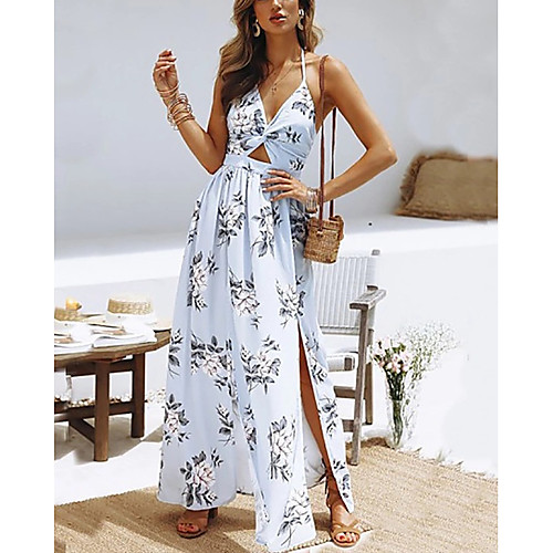 

Women's Swing Dress Maxi long Dress Navy Blue Red Sleeveless Floral Print Spring Summer Casual 2021 S M L XL