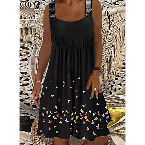 

Women's T Shirt Dress Tee Dress Knee Length Dress Black Sleeveless Butterfly Patchwork Summer Casual 2021 S M L XL XXL