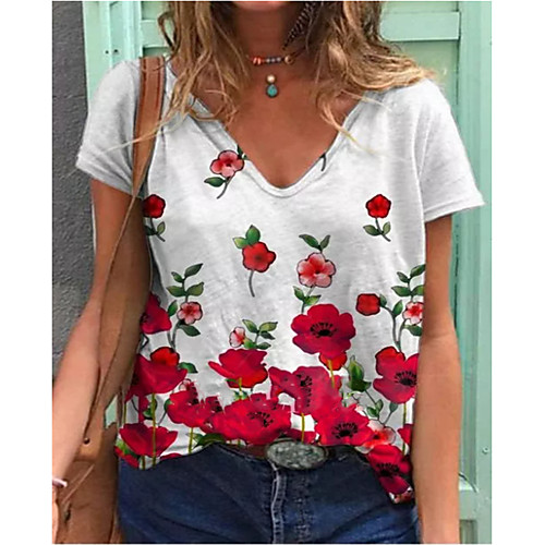 

Women's T shirt Flower V Neck Basic Tops White