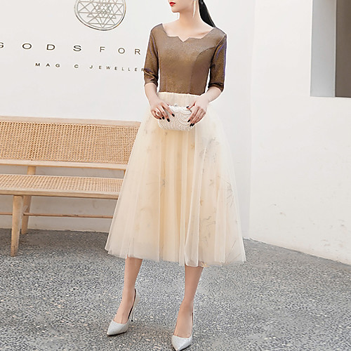 

A-Line Color Block Elegant Party Wear Cocktail Party Dress Scoop Neck Half Sleeve Tea Length Tulle with Sash / Ribbon 2021