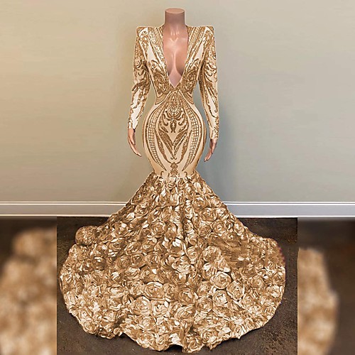 

Mermaid / Trumpet Sparkle Sexy Engagement Formal Evening Dress V Neck Long Sleeve Chapel Train Sequined with Sequin 2021