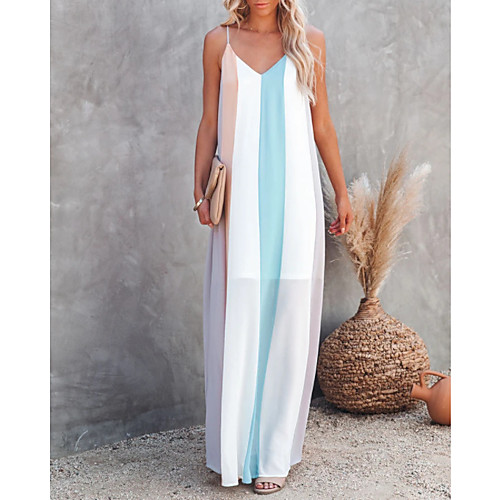 

Women's Strap Dress Maxi long Dress Sky Blue Sleeveless Stripes Spring Summer Casual / Daily 2021 S M L XL