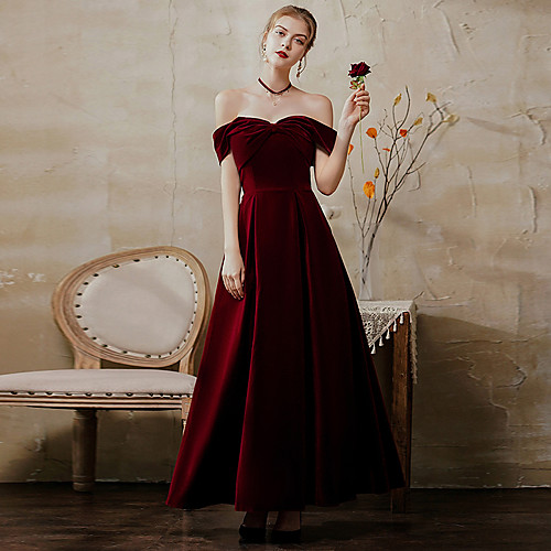 

A-Line Minimalist Elegant Party Wear Prom Dress Off Shoulder Short Sleeve Ankle Length Velvet with Bow(s) 2021