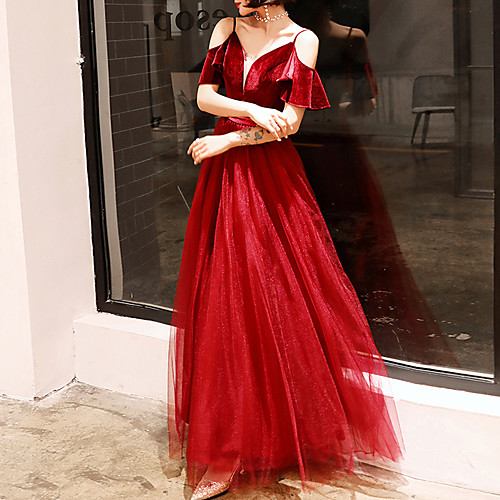 

A-Line Minimalist Elegant Party Wear Prom Dress Illusion Neck V Neck Short Sleeve Floor Length Tulle Velvet with Sash / Ribbon Ruffles 2021