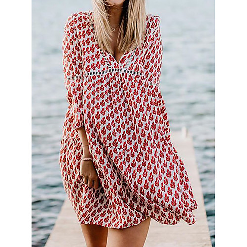 

Women's Swing Dress Knee Length Dress Light Blue Black Red Long Sleeve Print Spring Summer Casual Loose 2021 S M L XL XXL