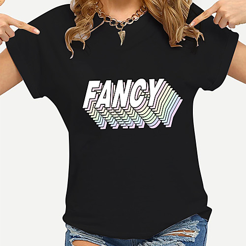 

Women's Painting T shirt Text Print Round Neck Basic Tops Cotton Blushing Pink Fuchsia Black