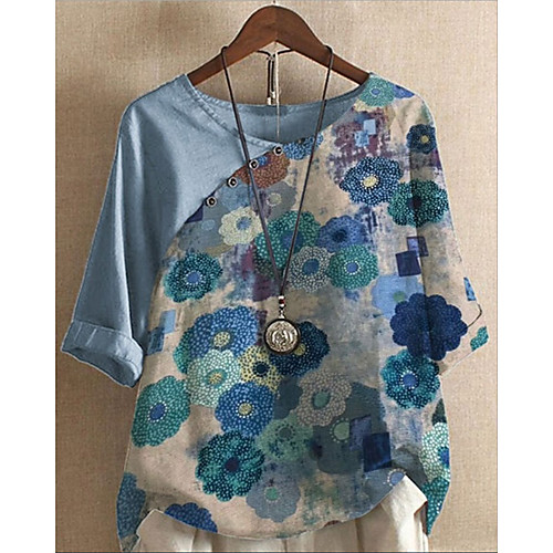 

Women's Plus Size Tops Blouse Shirt Floral Short Sleeve Round Neck Spring Summer Blue Big Size L XL XXL XXXL 4XL