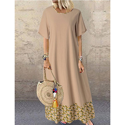

Women's Swing Dress Maxi long Dress khaki Green Short Sleeve Solid Color Spring Summer Casual Loose 2021 M L XL XXL XXXL 4XL 5XL