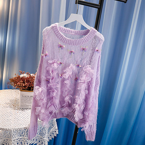 

Women's Pullover Cotton Long Sleeve Sweater Cardigans Round Neck Fall Winter Blue Purple