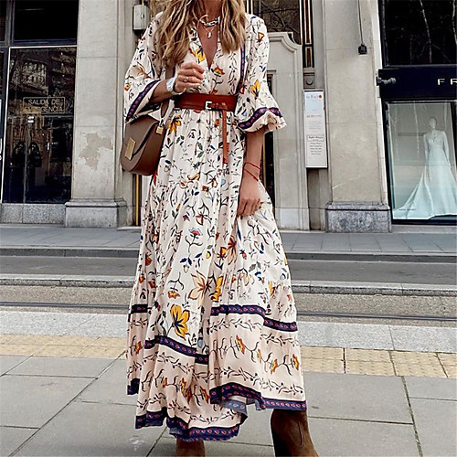 

Women's Swing Dress Maxi long Dress Beige Long Sleeve Floral Print Fall Summer V Neck Casual Holiday 2021 S M L XL