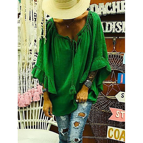 

Women's Blouse Shirt Plain Tassel Ruffle V Neck Basic Streetwear Tops Oversized Blue Wine Green