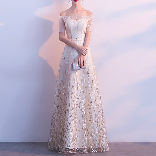 

A-Line Elegant Floral Wedding Guest Prom Dress Off Shoulder Short Sleeve Floor Length Tulle with Sash / Ribbon Embroidery 2021