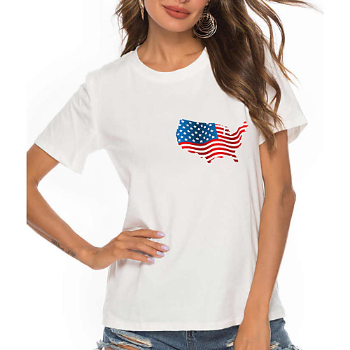 

Women's Painting T shirt USA American Flag Stars and Stripes Print Round Neck Basic Tops 100% Cotton Gray White Black
