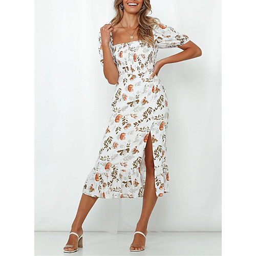 

Women's Swing Dress Midi Dress White Short Sleeve Floral Print Fall Spring Casual 2021 S M L XL