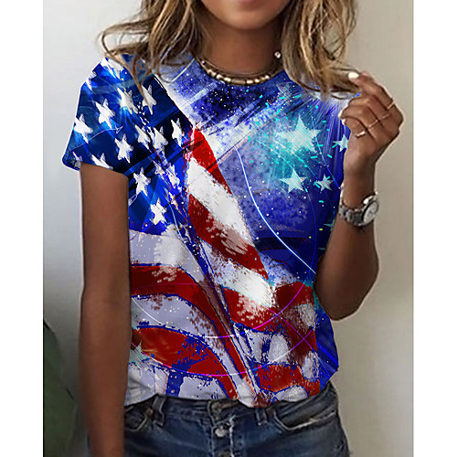 

Women's 3D Printed Painting T shirt Striped American Flag National Flag Print Round Neck Basic Tops Blue