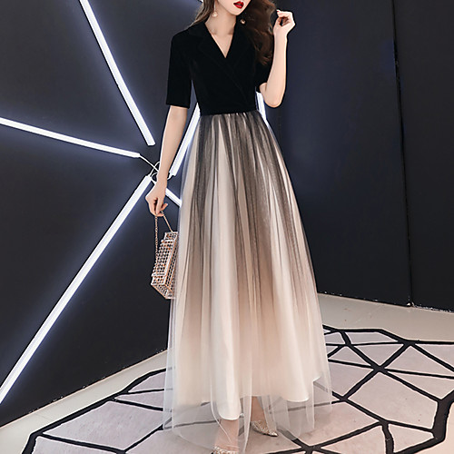 

A-Line Minimalist Gradient Engagement Formal Evening Dress V Neck Half Sleeve Floor Length Tulle Velvet with Sleek 2021