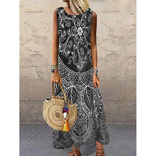 

Women's Shift Dress Maxi long Dress Black Sleeveless Floral Print Summer Round Neck Elegant 2021 S M L XL XXL 3XL