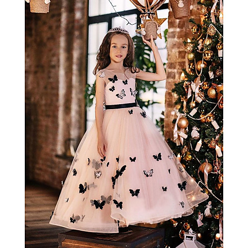 

A-Line Floor Length Flower Girl Dresses Party Tulle Sleeveless Jewel Neck with Sash / Ribbon