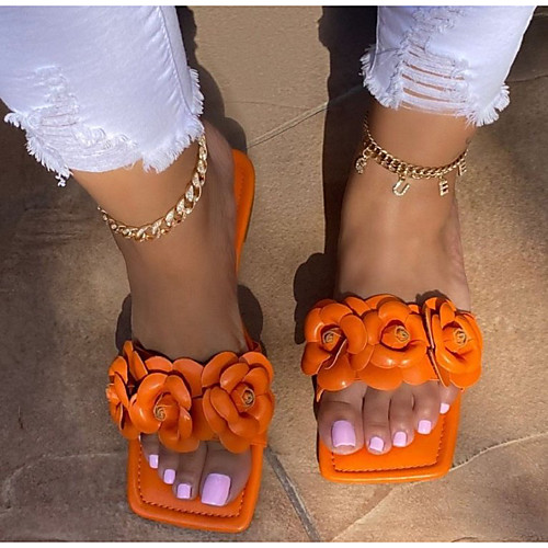 

Women's Sandals Outdoor Slippers Flat Heel Square Toe PU Floral Solid Colored Pink Orange