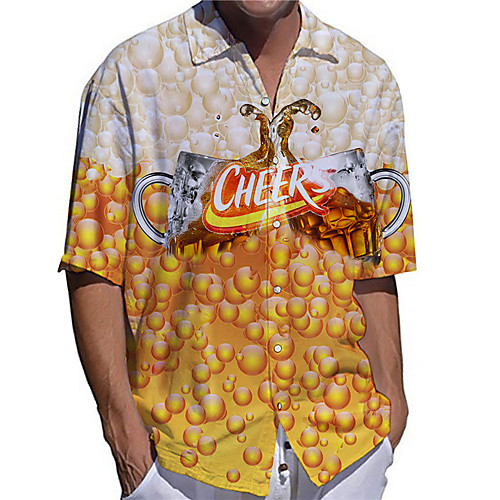 

Men's Shirt 3D Print Beer Plus Size 3D Print Button-Down Short Sleeve Casual Tops Casual Fashion Breathable Comfortable Yellow