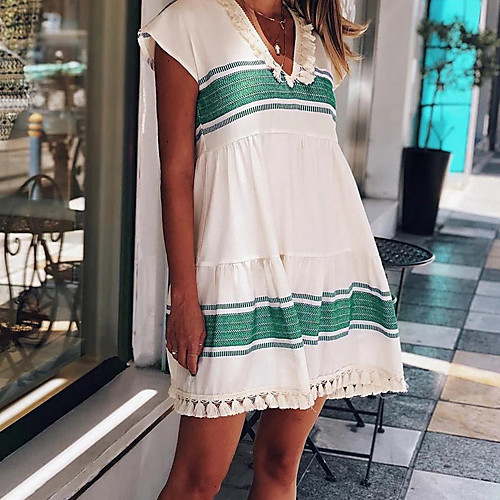 

Women's A Line Dress Short Mini Dress Black and white stripes White and blue stripes White and green stripes Short Sleeve Pattern Summer Casual 2021 S M L XL XXL / Cotton / Cotton