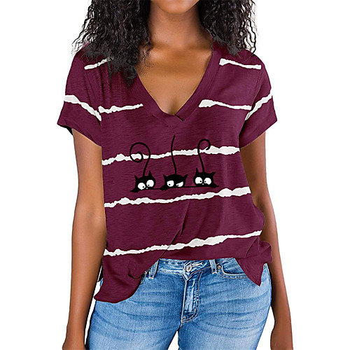 

Women's T shirt Striped Cat Graphic Print V Neck Basic Tops Fuchsia Gray Black