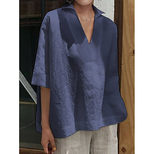 

Women's Blouse Shirt Plain V Neck Basic Streetwear Tops Orange Navy Blue Light Blue