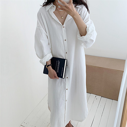 

Women's Shift Dress Midi Dress khaki White Dark Blue Long Sleeve Solid Color Spring Summer Casual 2021 S M L XL XXL / Cotton / Cotton