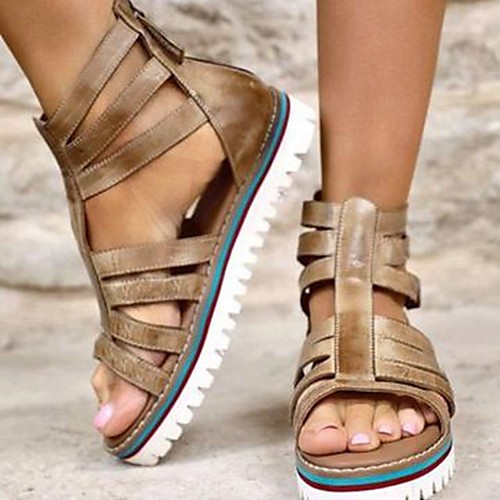 

Women's Sandals Flat Heel Peep Toe Daily Beach PU Button Solid Colored Khaki